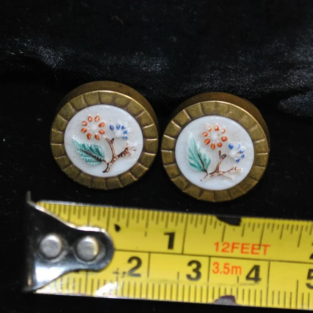 Antique Victorian Milk Glass Cufflinks with Painted Flowers